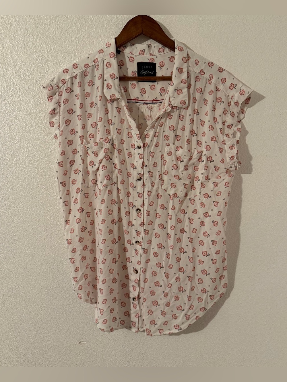 Jachs Girlfriend Women XL Floral Button Down Shirt Short Sleeve White Rust Rayon